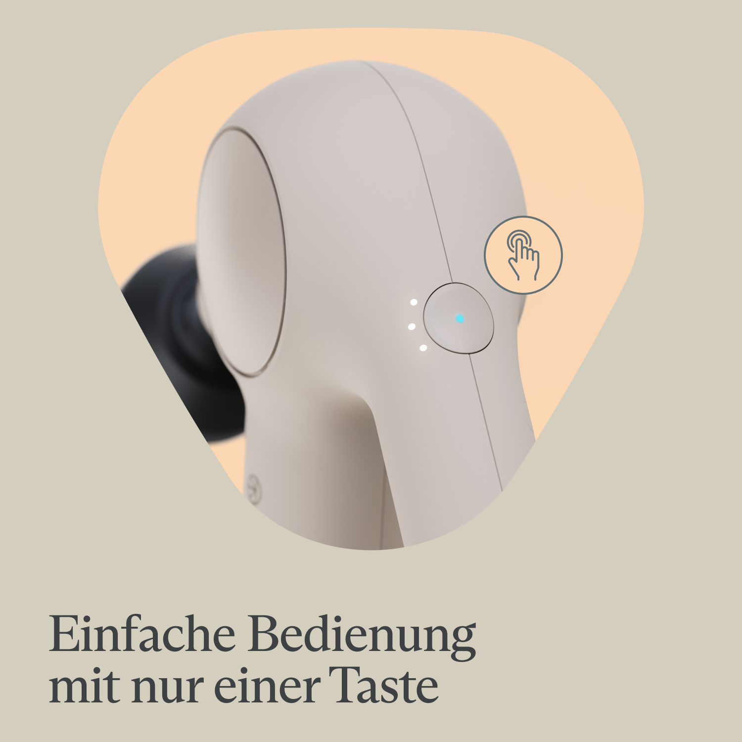 Ein Gerät mit Knopf und dem Text 'Einfache Bedienung mit nur einer Taste'.
