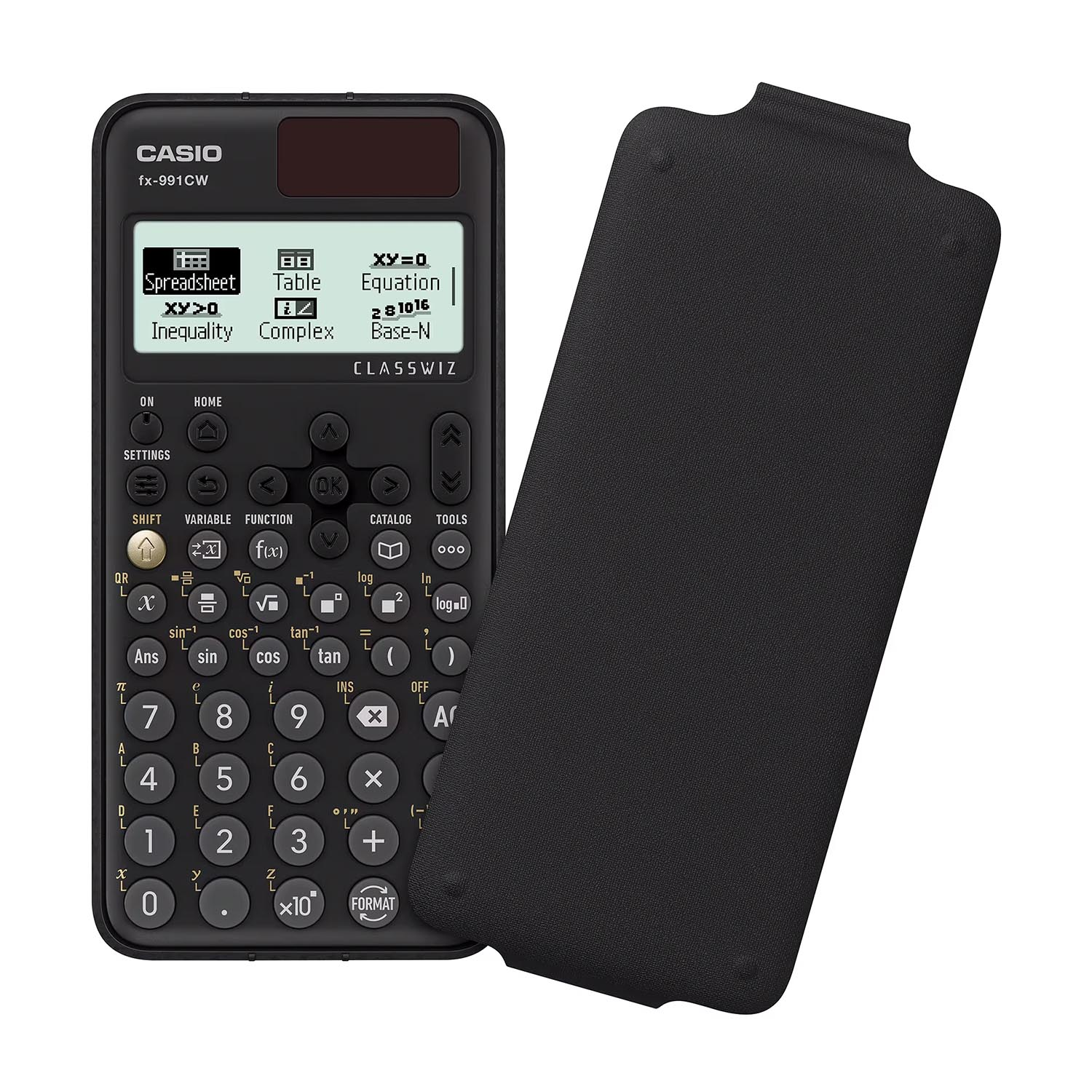 Calcolatrice Casio fx-991CW nera con copertura. Lo schermo mostra varie funzioni e opzioni.