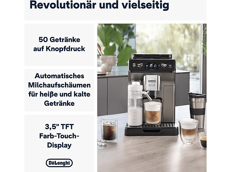 DELONGHI Eletta Explore Cold Brew ECAM450.86.T - über 50 heiße und kalte Rezepte, 4 Benutzerprofile, einfache Bedienung, Kaffeevollautomat Titan