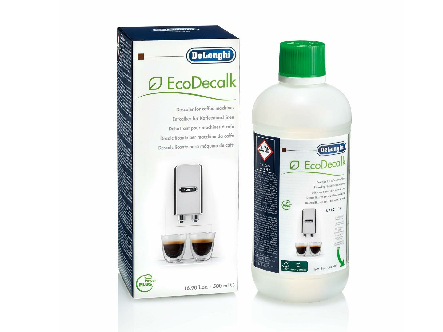 Odkamieniacz DeLonghi EcoDecalk do ekspresów do kawy. Butelka i pudełko z logo i tekstem.