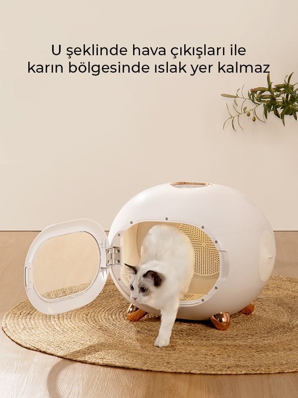 Beyaz bir kedi, beyaz, küresel bir kedi tuvaletinden çıkıyor. Türkçe metin görünür.