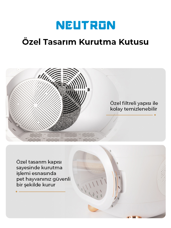 Beyaz bir evcil hayvan kurutucusunun illüstrasyonu. Filtrenin ve kurutma işleminin ayrıntıları gösterilmektedir.