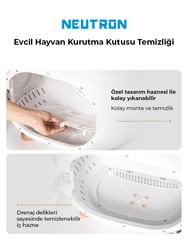 Beyaz evcil hayvan kurutucu. İçini ve nasıl temizleneceğini gösteriyor. Türkçe metin.