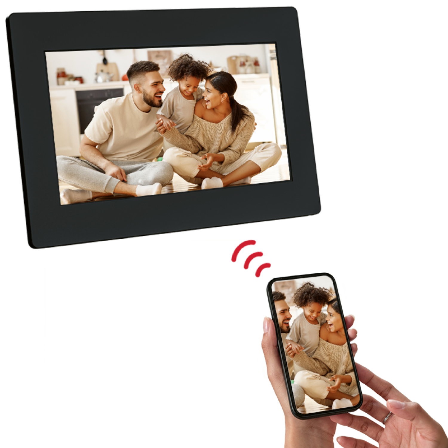 A family photo displayed on a digital frame. A phone showing the same image is held below.