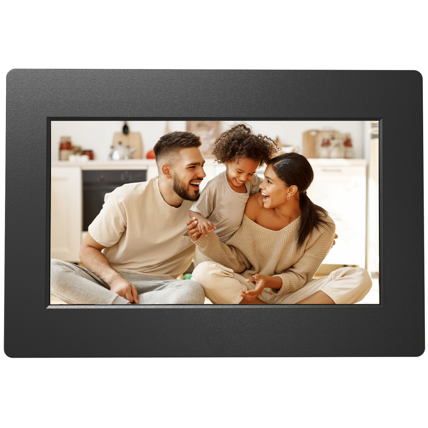 Family of three, smiling, looking at photo frame, indoor setting.