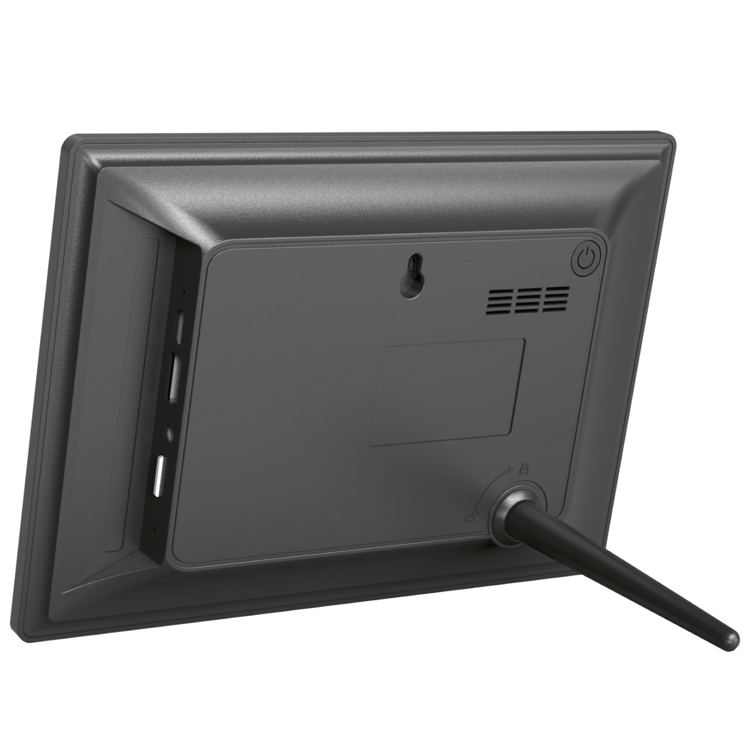 Back of a digital photo frame. Black, with a stand and ports. White background.