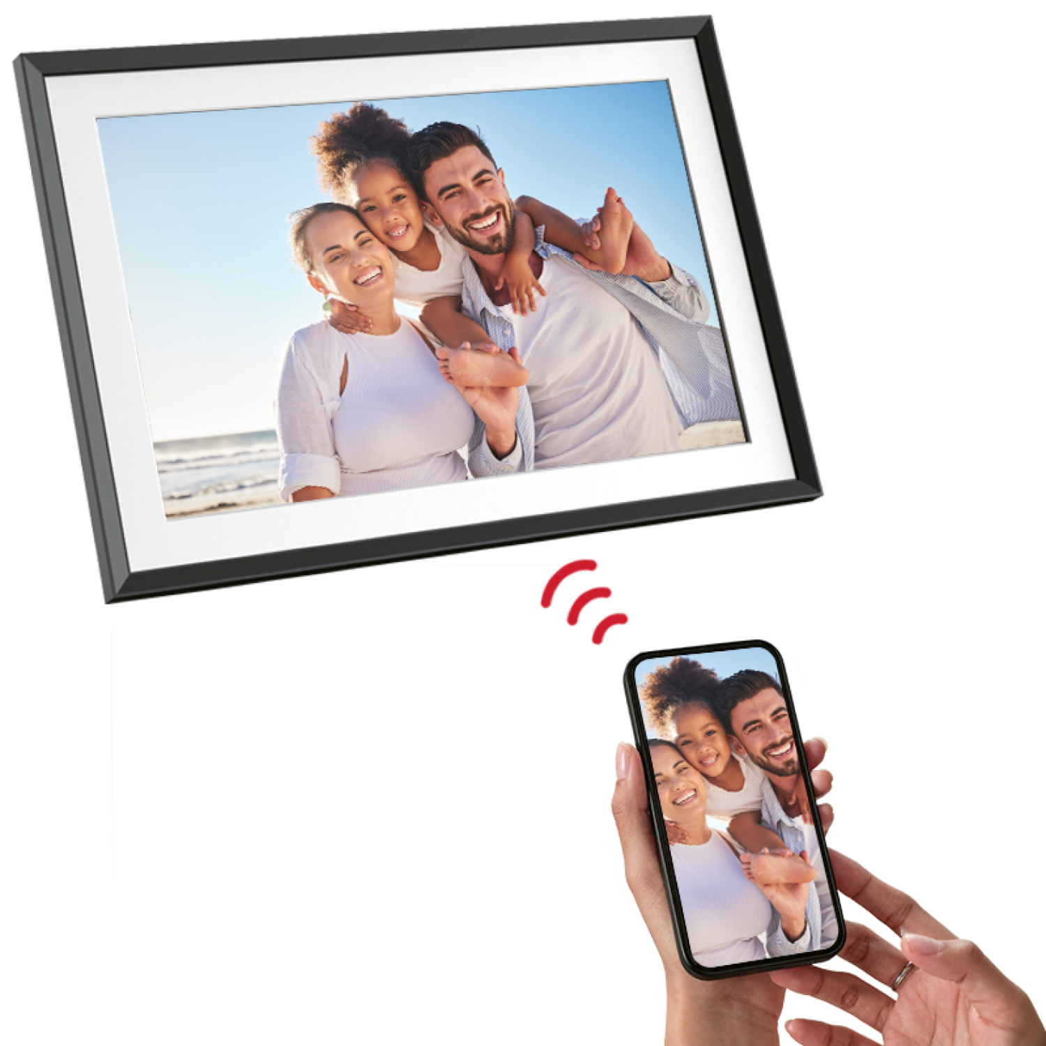A family is in a photo frame with a phone showing the same image. Wireless signal.