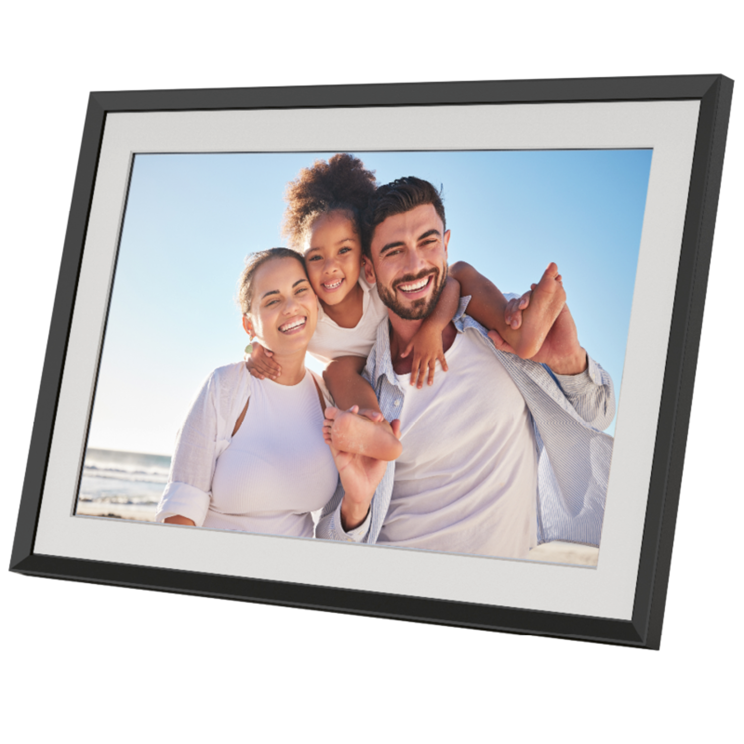 Family portrait in a black frame. Parents smiling with a child on the father's shoulders.