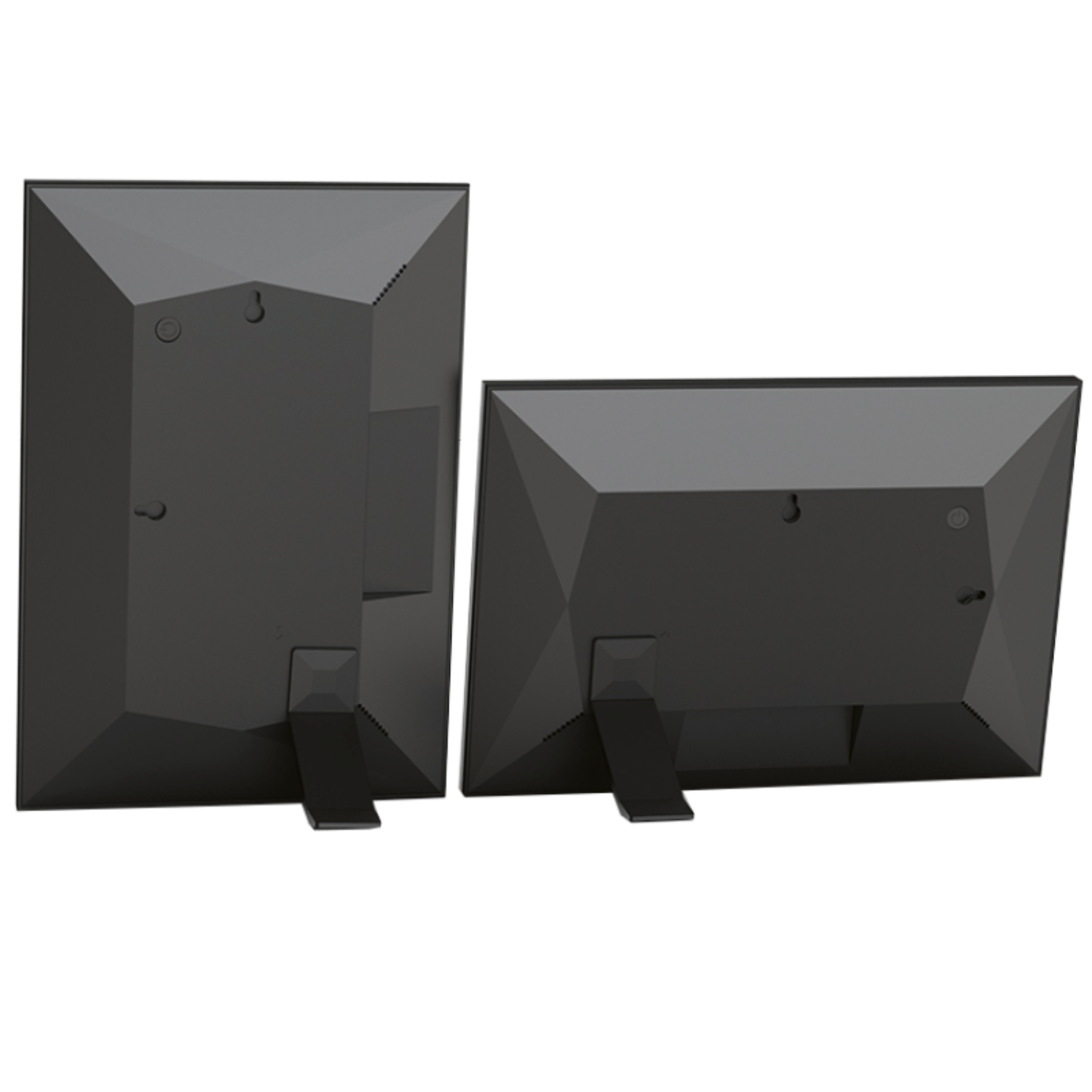 Two black digital photo frames. Both have a black finish and stand on a surface.