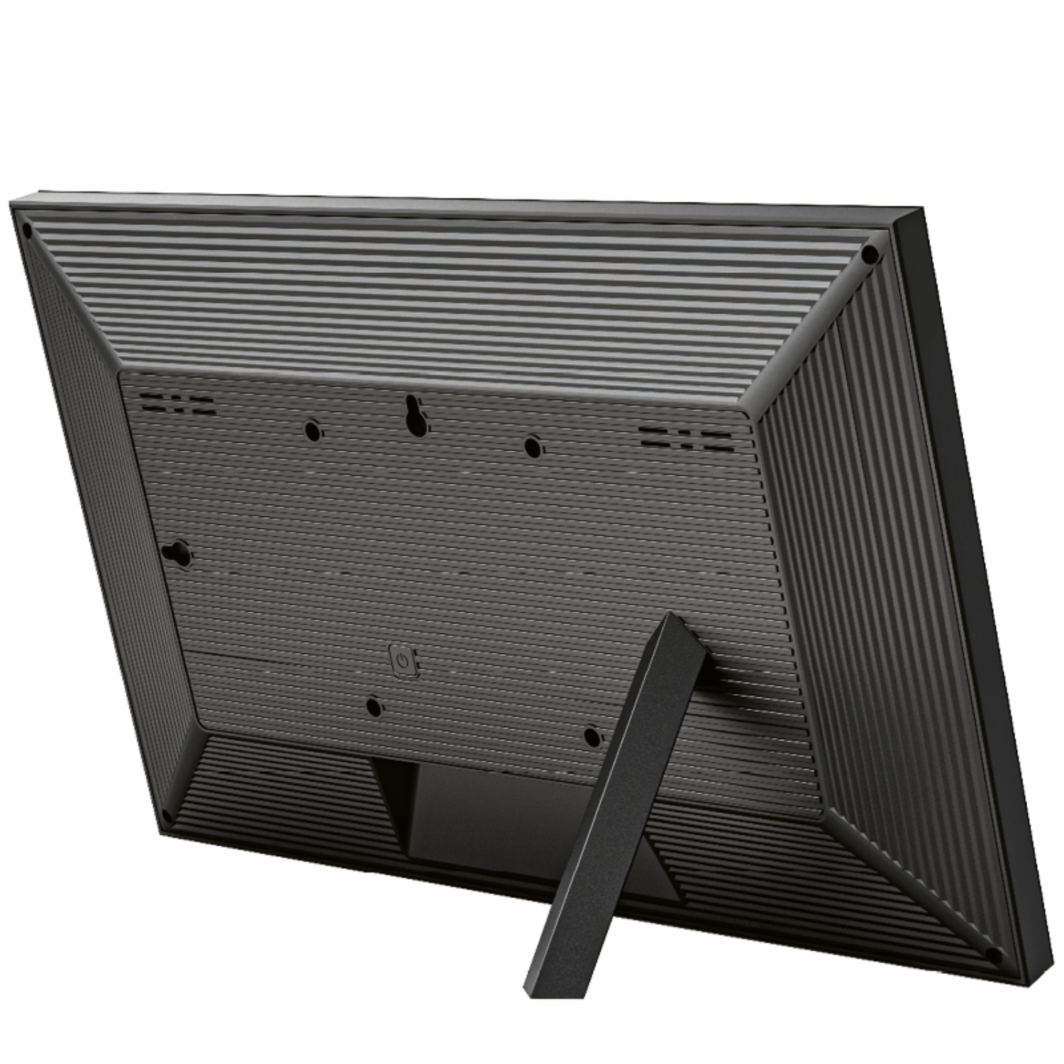 De achterkant van een zwarte monitor, met de standaard en poorten.