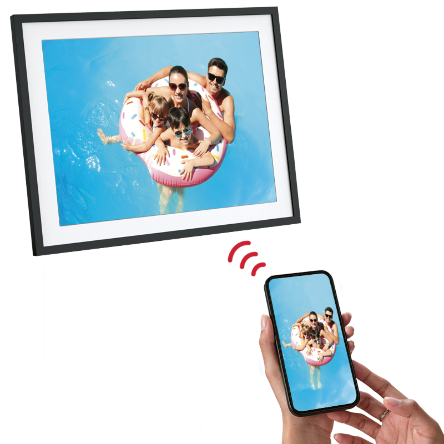 A picture frame displaying a family in a pool. A phone shows the same image, and wifi signal.