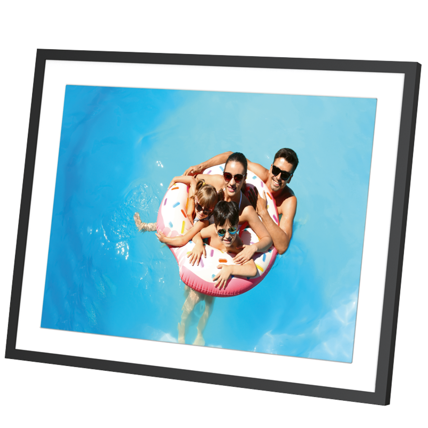 Framed picture of family in a pool. Parents and two children in an inflatable ring, sunny day.