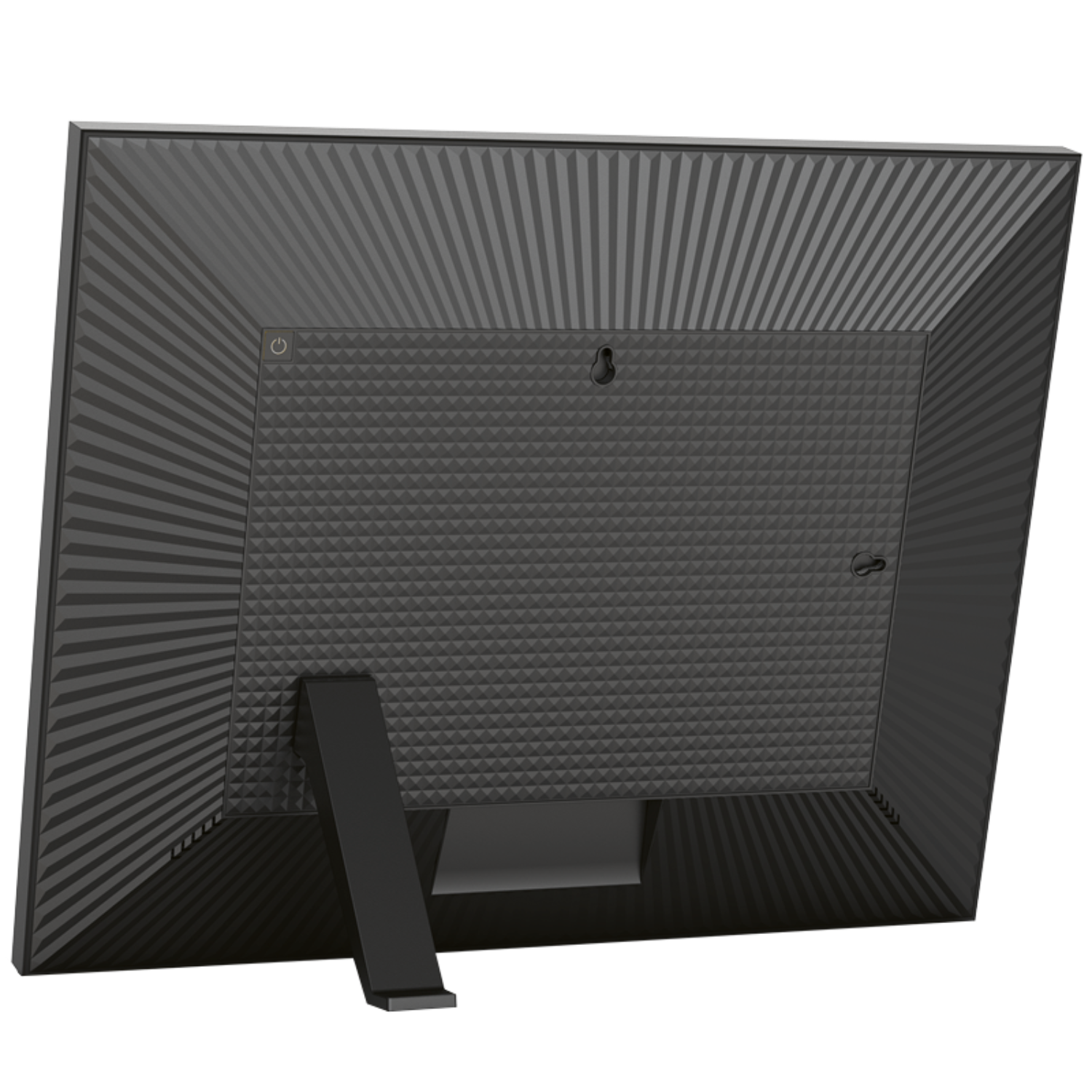 Black digital photo frame, back view. Ribbed design with a stand and hanging hook.