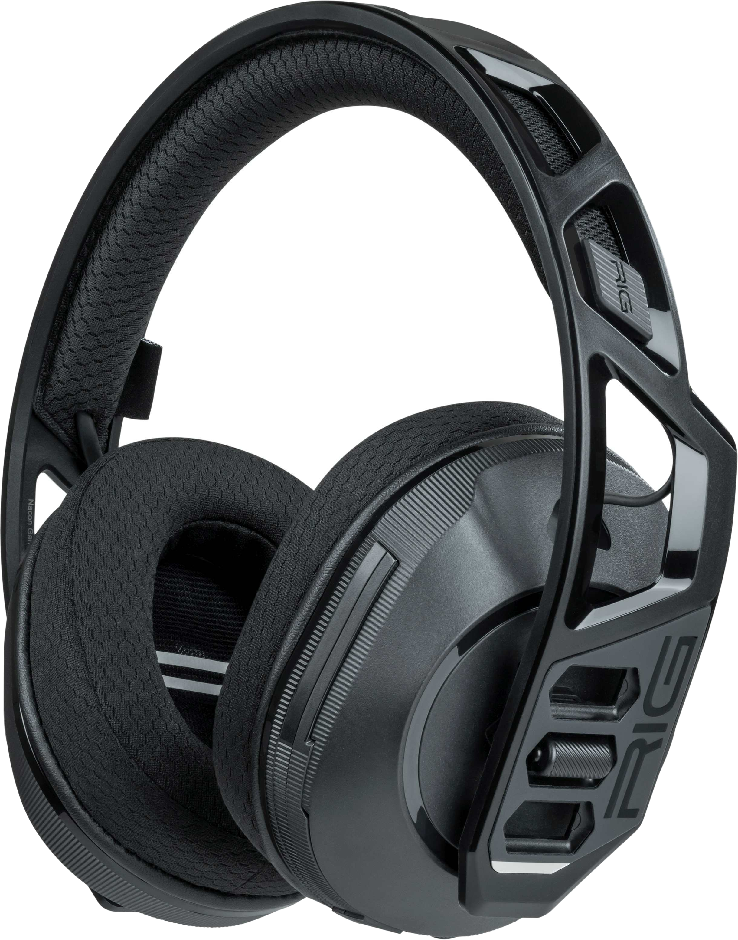 Schwarzes Gaming-Headset mit schwarzen Ohrmuscheln und Kopfband, schräge Ansicht.