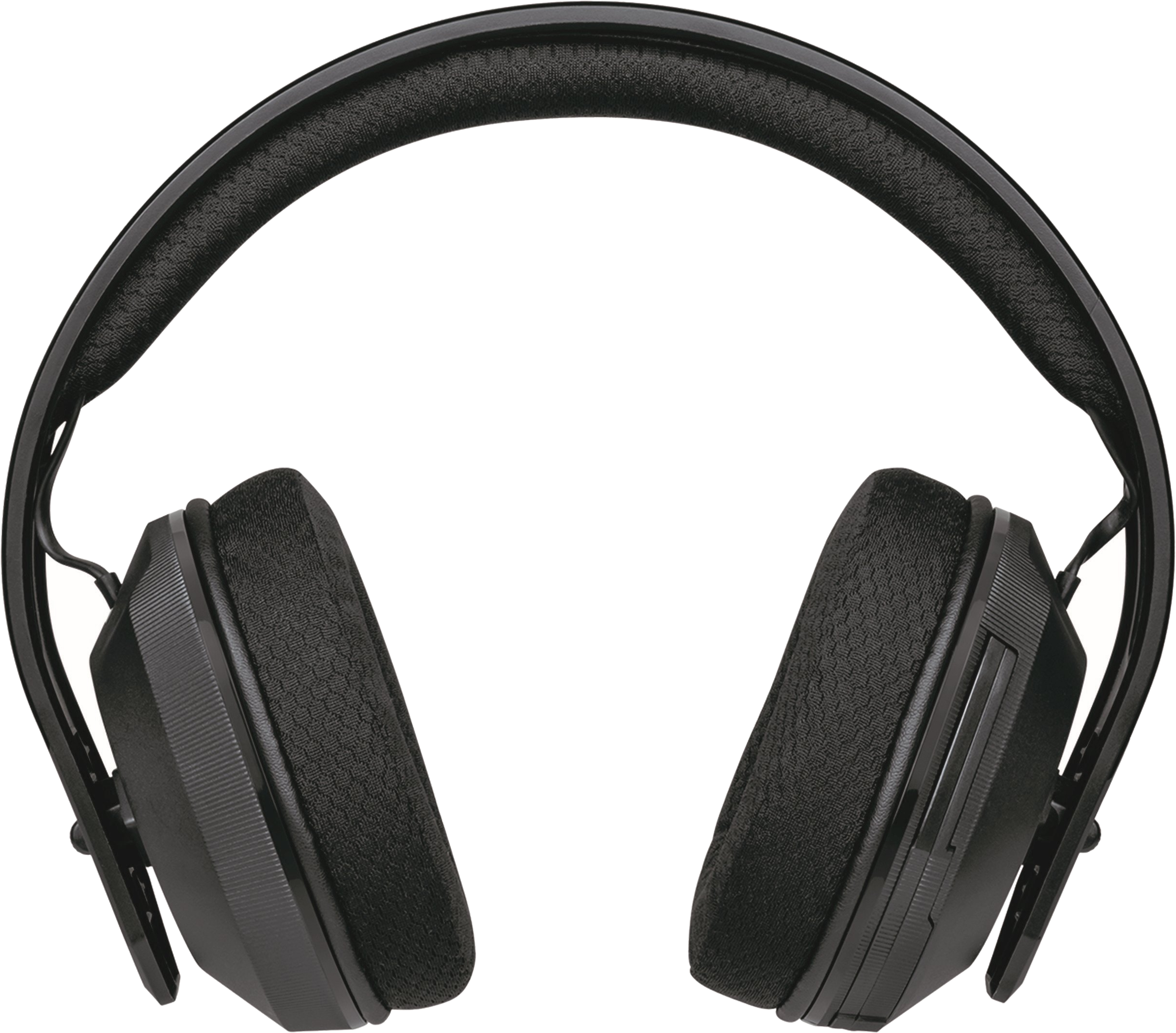 Schwarze Kopfhörer, Over-Ear-Stil, mit gepolsterten Ohrmuscheln und Kopfband. Dunkler Hintergrund.