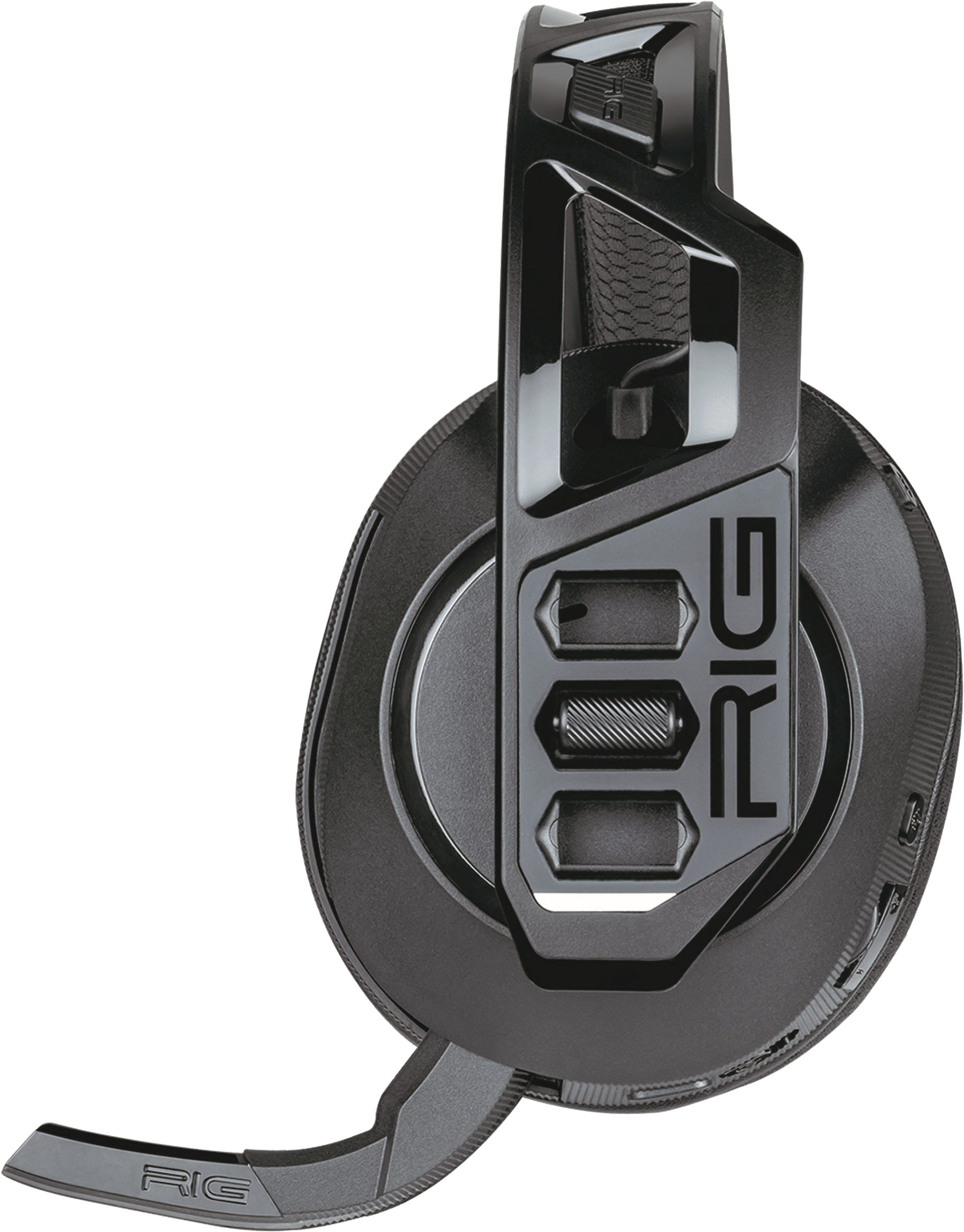 Schwarzes und graues Gaming-Headset mit dem Wort RIG an der Seite.