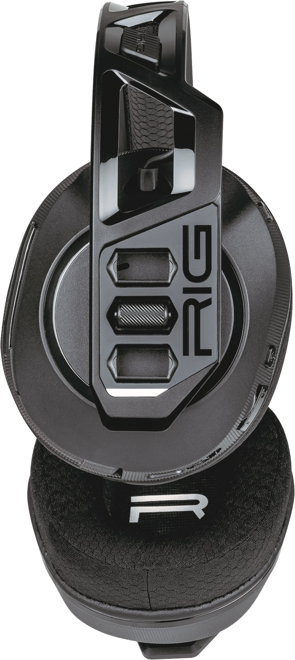 Schwarzes RIG-Gaming-Headset mit dem RIG-Logo. Das Headset hat ein einzigartiges Design mit einem gepolsterten Ohrmuschel.