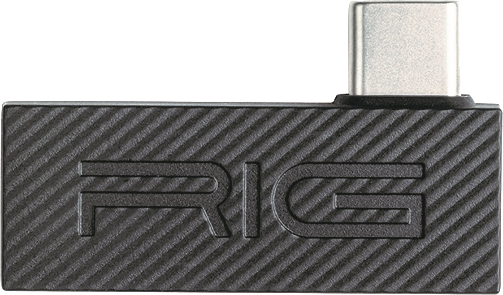 Ein schwarzer RIG USB-C-Adapter. Er hat eine geriffelte Oberfläche mit dem geprägten Wort 'RIG' und einen silbernen USB-C-Anschluss.