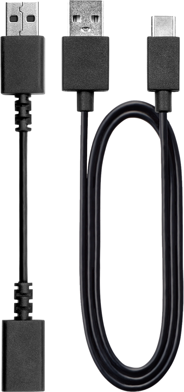 Schwarze USB-Kabel: USB-A zu USB-A und USB-A zu Typ-C. Beide Kabel sind schwarz.