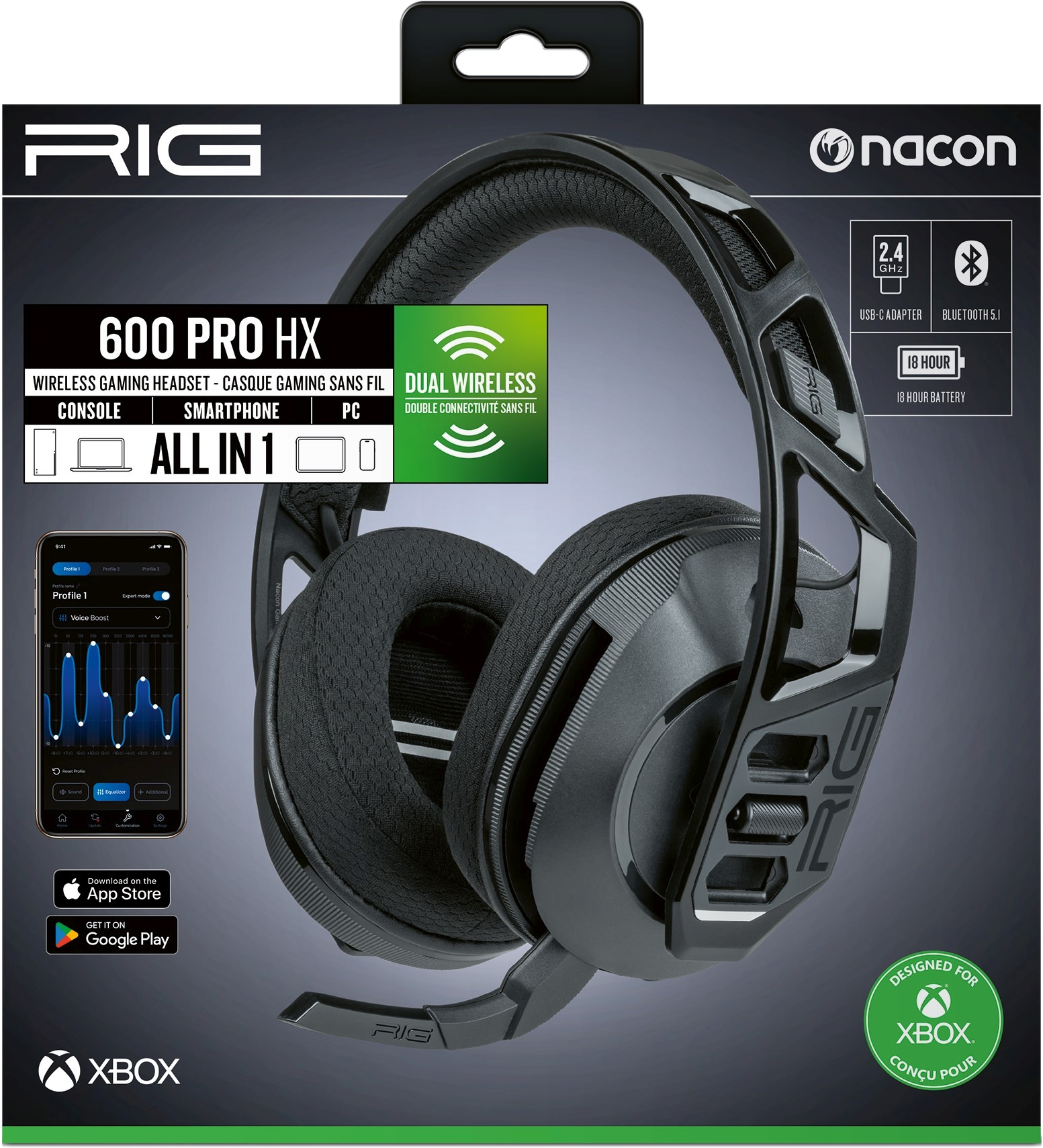 Headset-Box mit Text und Bildern. Das Headset wird prominent auf der Box angezeigt.