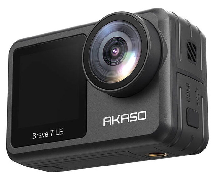 Czarna kamera sportowa z obiektywem, ekranem i logo 'AKASO'. Posiada port HDMI.