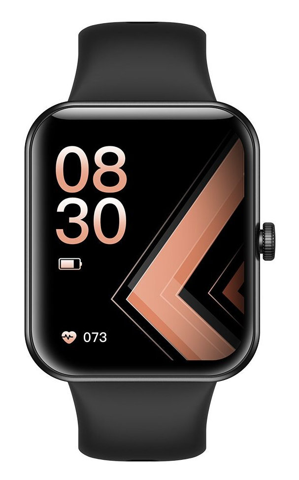 Czarny smartwatch wyświetlający godzinę i monitor zdrowia. Różowo-złote detale na czarnym tle.