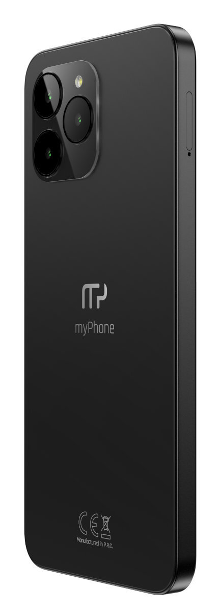 Czarny smartfon z tyłu, z modułem aparatu, logo 'myPhone' i szczegółami produkcji.