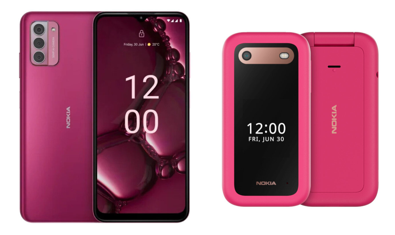 Różowe smartfony Nokia, jeden złożony, jeden otwarty. Oba mają ekrany. Otwarty pokazuje godzinę.