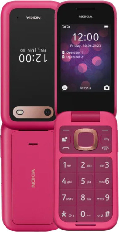 Różowy telefon z klapką Nokia otwarty. Pokazuje godzinę i datę. Akcenty w kolorze różowego złota.
