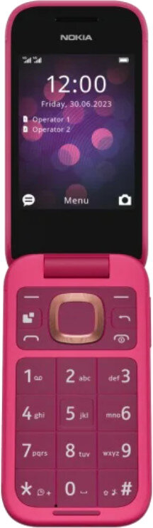 Różowy telefon z klapką otwarty, ekran pokazuje godzinę i datę. Różowe klawisze, złote akcenty.