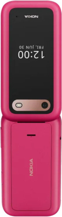 Różowy telefon Nokia z klapką, otwarty, pokazujący ekran z godziną.