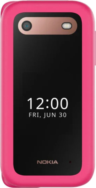 Różowy telefon z klapką wyświetlający godzinę 12:00 na ekranie.