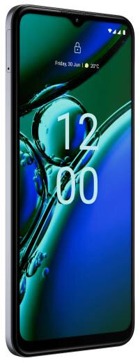 Smartfon z dużym ekranem wyświetlającym niebiesko-zielony abstrakcyjny wzór.