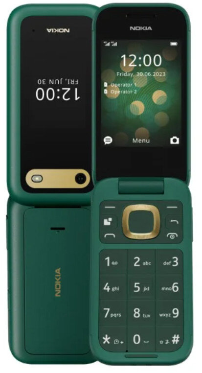 Zielony telefon z klapką Nokia, otwarty. Pokazuje godzinę i datę na jednym ekranie, klawisze na drugim.