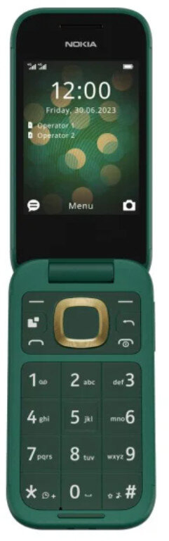 Zielony telefon z klapką, otwarty, pokazujący ekran z godziną i powiadomieniami.