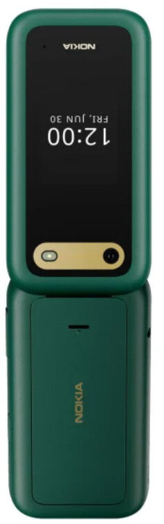 Ciemnozielony telefon z klapką jest pokazany otwarty. Na ekranie wyświetlana jest godzina i data.