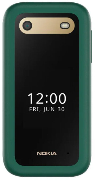 Zielony telefon Nokia z czarnym ekranem wyświetlającym 12:00, pt, 30 czerwca.