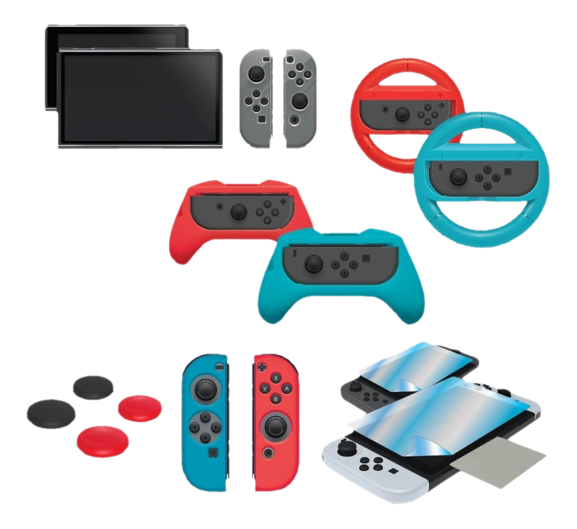 Divers accessoires Nintendo Switch, dont des manettes, volants et un écran.