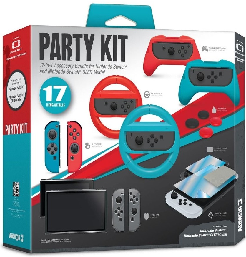 Accessori per controller di gioco in una scatola dal design colorato e maniglia.