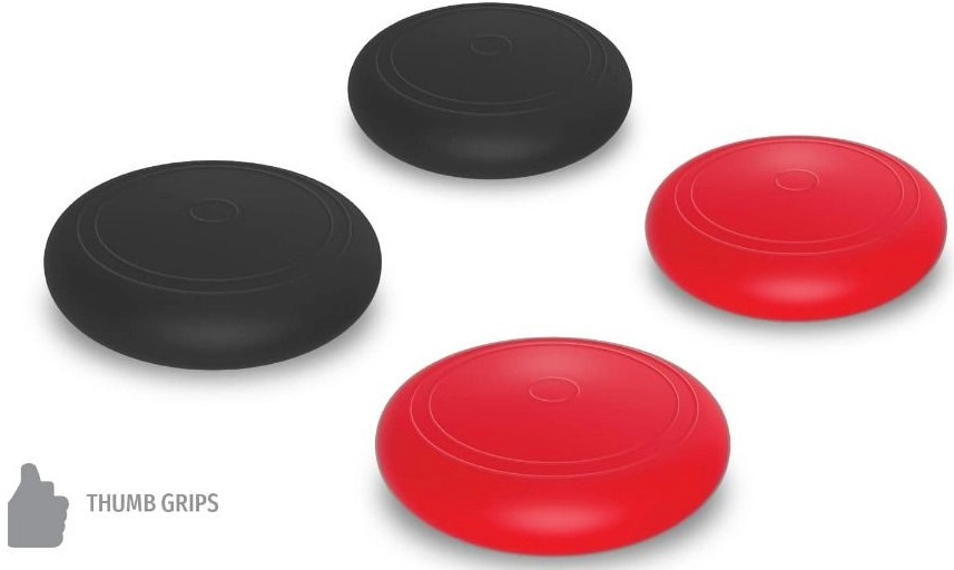 Quattro impugnature per pollice per controller di gioco, due nere e due rosse, su sfondo bianco, con un'icona del pollice in su.