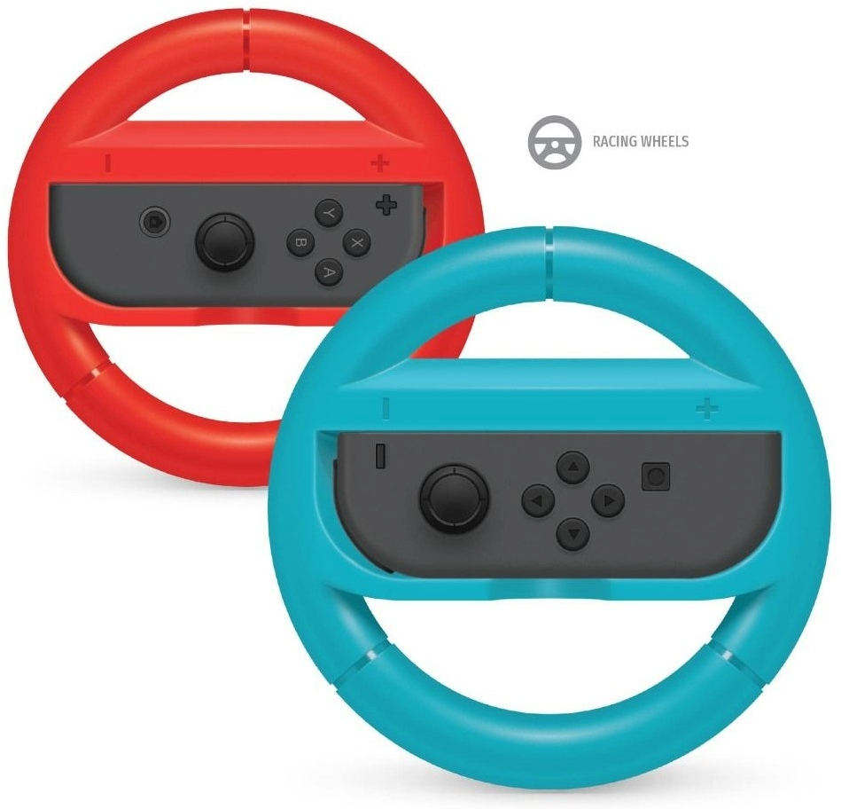 Volanti da corsa rossi e blu con controller.