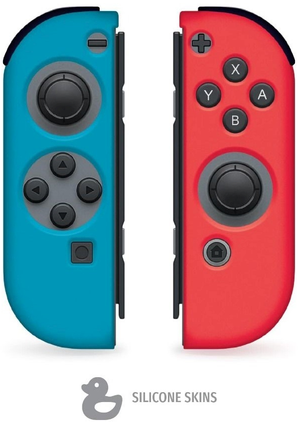 Due controller Joy-Con per Nintendo Switch: blu a sinistra, rosso a destra, su sfondo bianco.