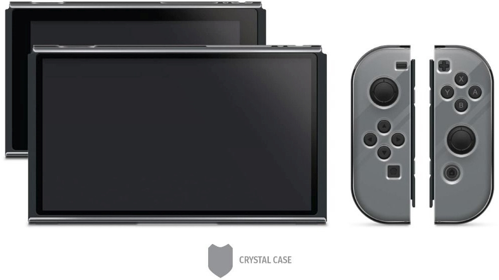 Due console Nintendo Switch affiancate con controller grigi rimovibili.