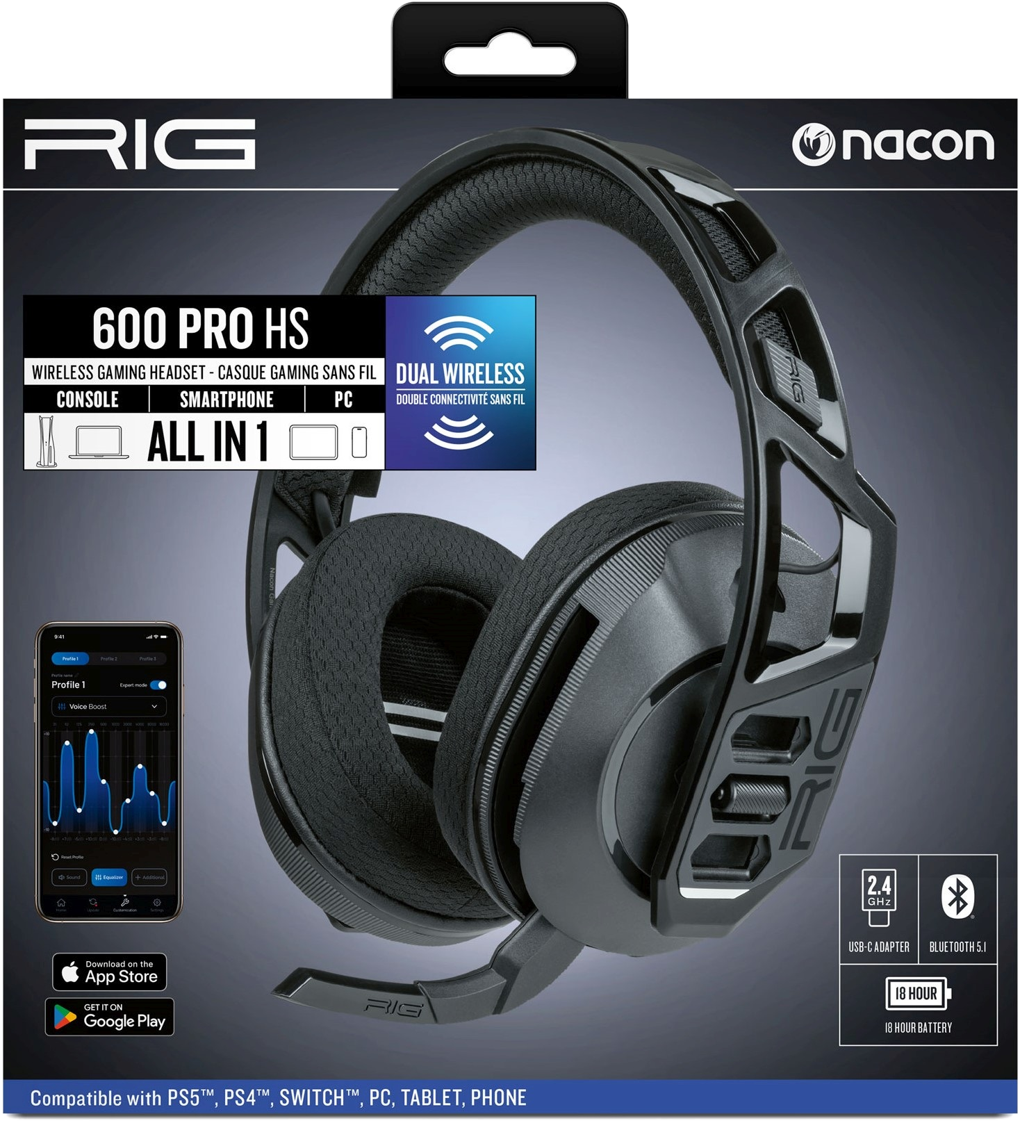 Gaming-Headset-Box mit Headset-Bild und Text über Funktionen.