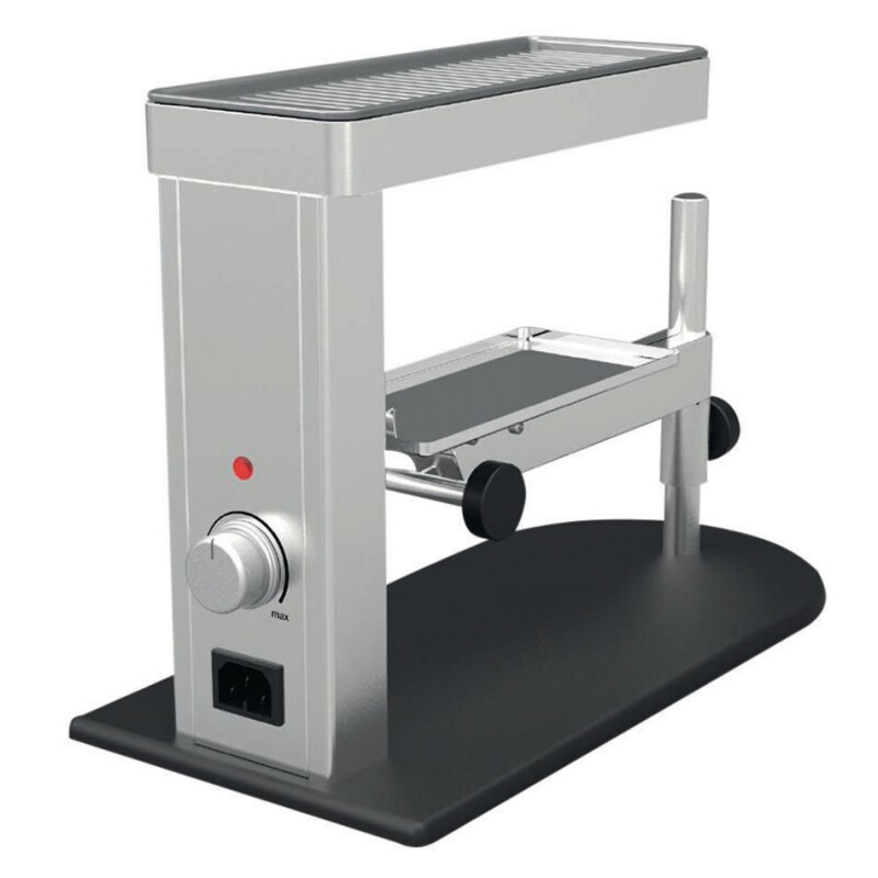 Silberner Raclette-Grill mit Heizelement und Tablett.