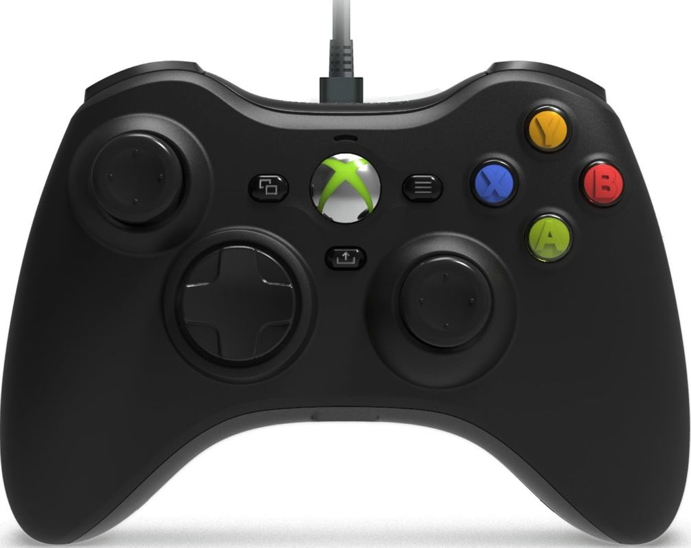 Manette Xbox 360 noire avec plusieurs boutons colorés et un bouton argenté au milieu.