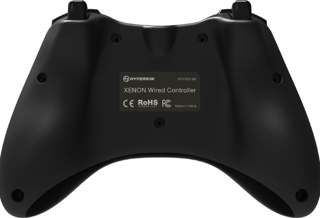Manette Hyperkin Xenon noire. Étiquette: Wired Controller, CE, RoHS, FC, Made in China.