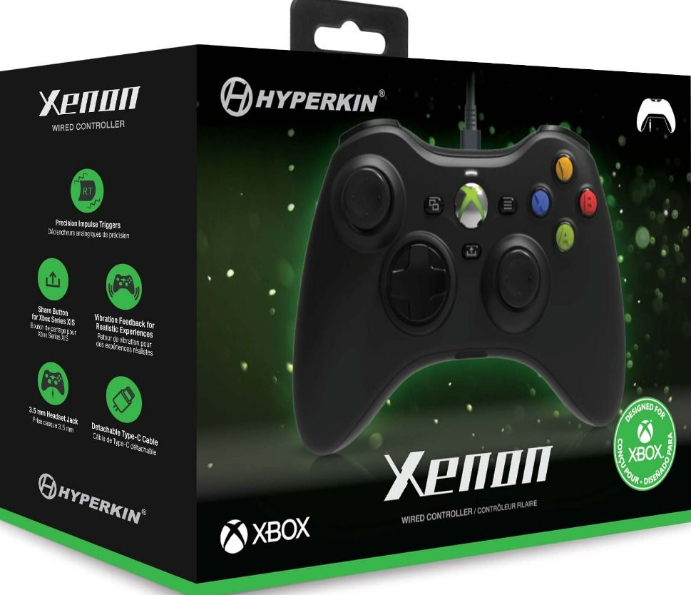 Boîte de manette Xbox noire. Texte : Xenon, manette filaire, Hyperkin, conçue pour Xbox. Icônes incluses.