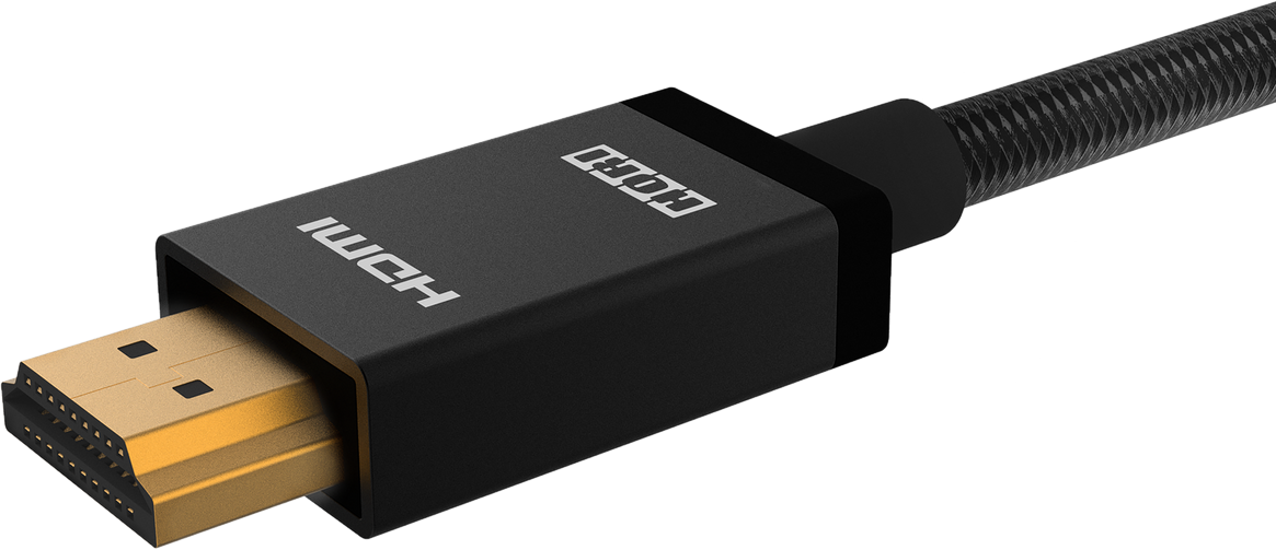 Schwarzes HDMI-Kabel mit Goldstecker. Marke KORU auf dem Stecker.