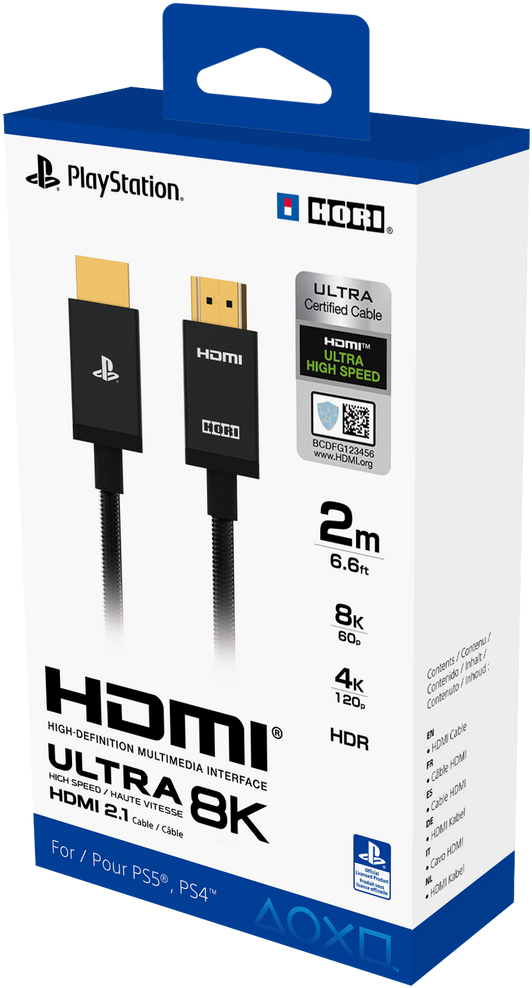 HDMI Ultra 8K Kabel in einer Box. Die Box ist schwarz und hat Playstation- und Hori-Logos.